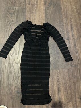Black Long Sleeve Sheer Stripe Bodycon Dress